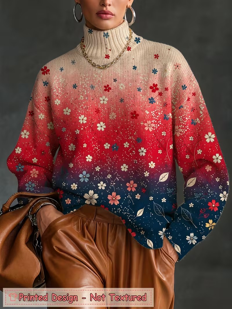 Wallpaper - Damen-Rollkragen-T-Shirt mit Farbverlauf und Blumenmuster, langärmlig,
