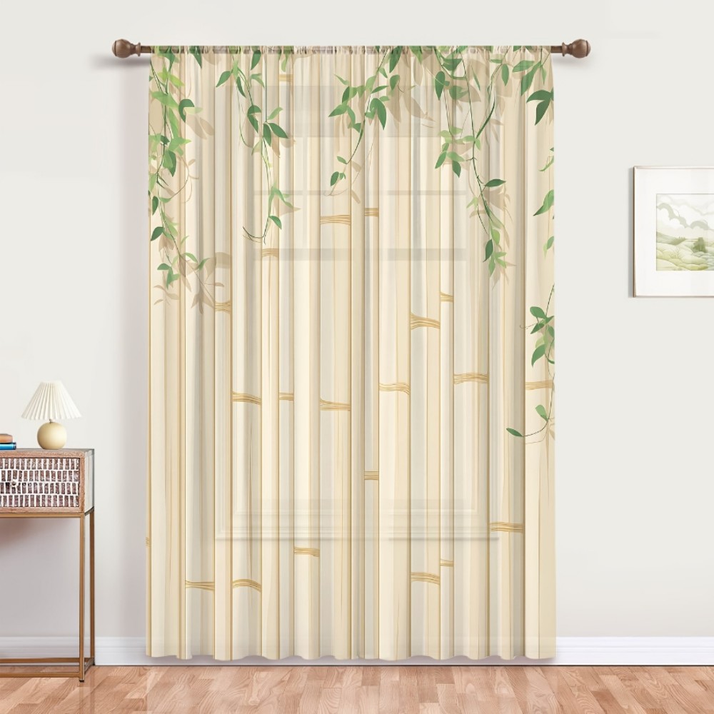 Curtain Rods - 1 Stück transparenter Vorhang mit Bambus-Grünblatt-Beige-Druck,