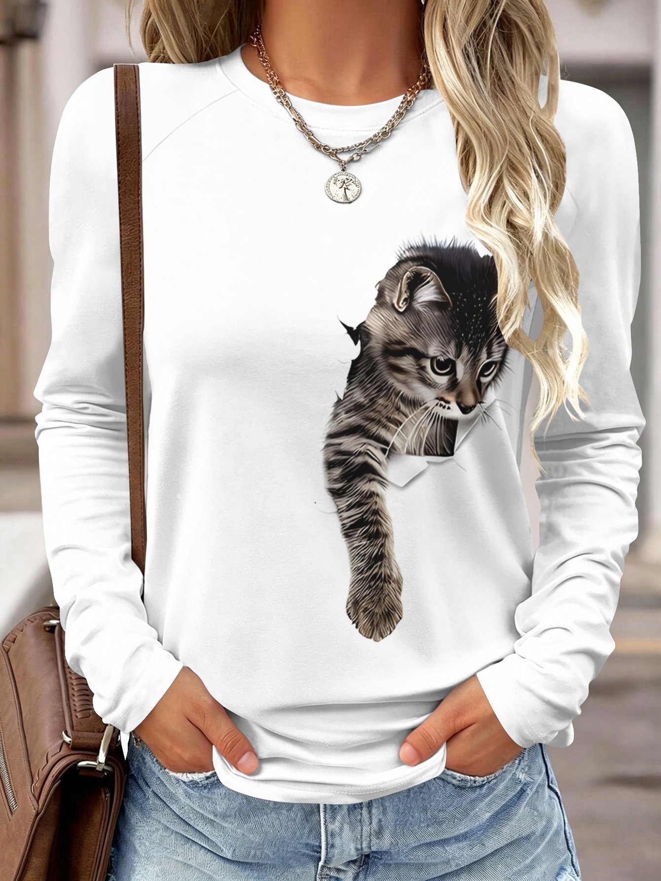 Damen Langarmshirt mit Tasche, – Wallpaper Bewertung und Preis